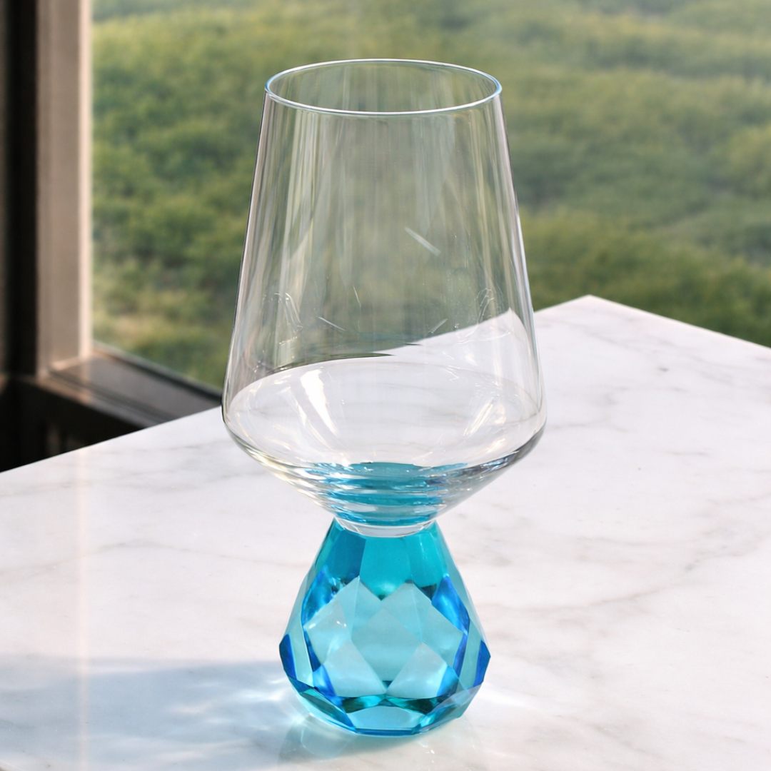 Taça de Vidro para Vinho com Base Diamante Azul 500ml