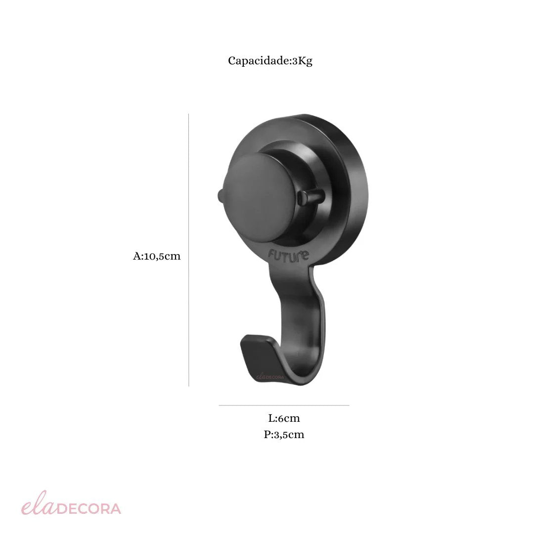 Gancho de Parede Preto Fosco com Ventosa Resistente 10,5cm