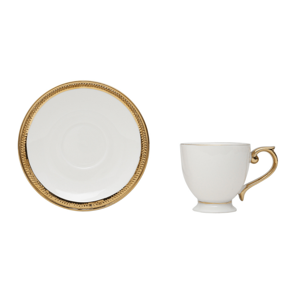 Jogo De Xícaras Para Café Dourada Com Pires Porcelana Alça Ouro Paddy 90ml - 6 Peças