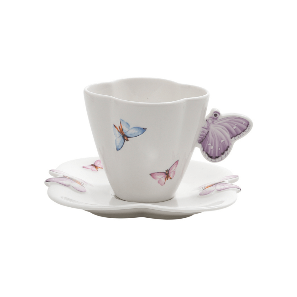 Jogo 6 Xícaras de Chá Porcelana com Pires Borboletas Branco 200ml