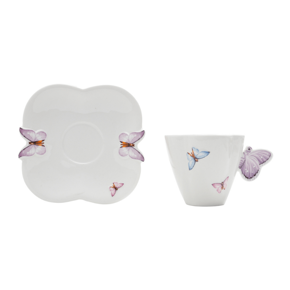 Jogo 6 Xícaras de Chá Porcelana com Pires Borboletas Branco 200ml