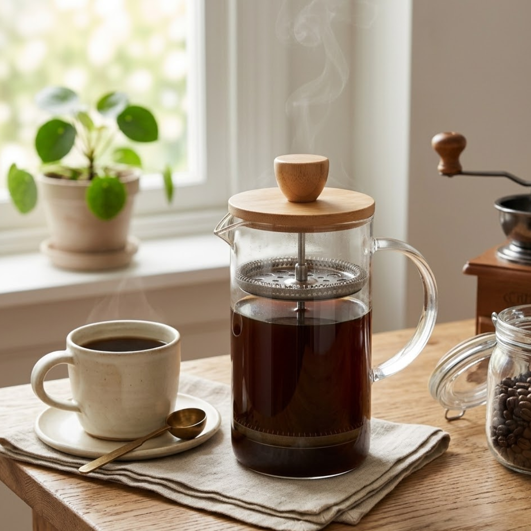 Cafeteira Prensa Francesa de Vidro com Tampa de Bambu 400ml