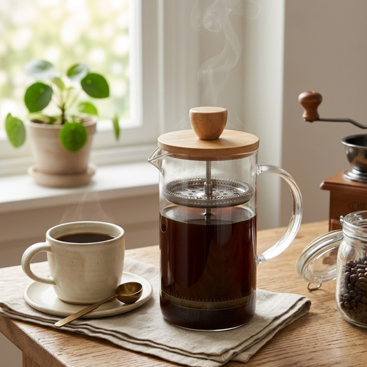 Cafeteira Prensa Francesa de Vidro com Tampa de Bambu 400ml