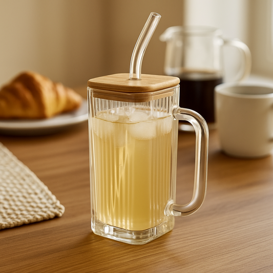 Caneca de Vidro com Tampa de Bambu e Canudo Graffiato 290ml