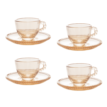 Jogo de Xícaras de Café Cristal Com Pires Pearl Âmbar 4 Peças - 80ml