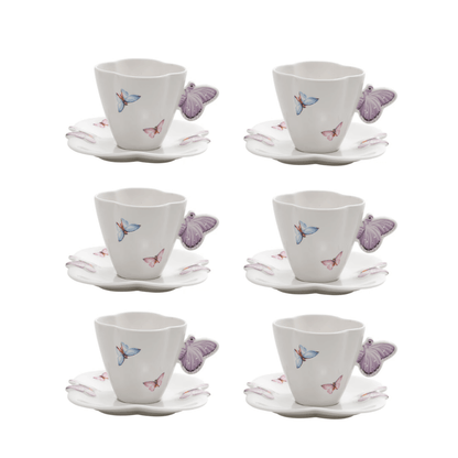 Jogo 6 Xícaras de Chá Porcelana com Pires Borboletas Branco 200ml
