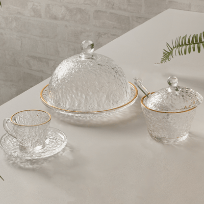 Queijeira Cristal de Chumbo Martelado Petra com Tampa e Borda Dourada 19,5cm