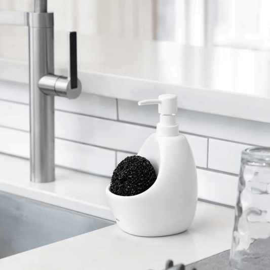 Dispenser Porta Detergente com Esponja Joey Umbra Cerâmica Branco - 591ml