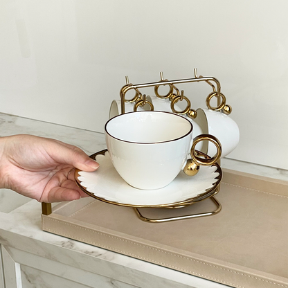 Jogo 6 Xícaras de Chá Porcelana com Pires Egg Branca e Dourada 200ml