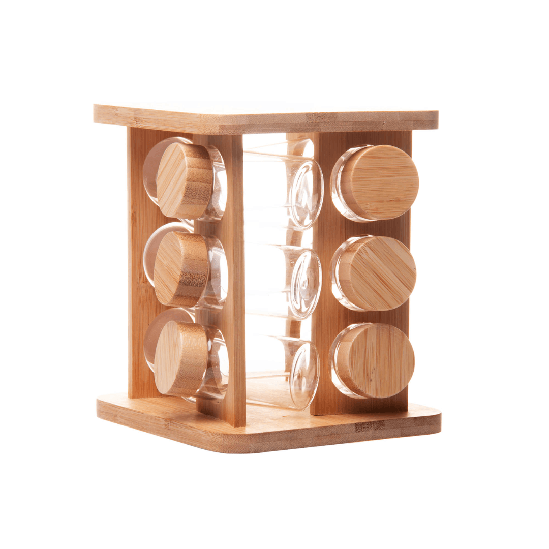 Jogo 12 Potes Herméticos de Vidro 120ml com Suporte Giratório em Bambu