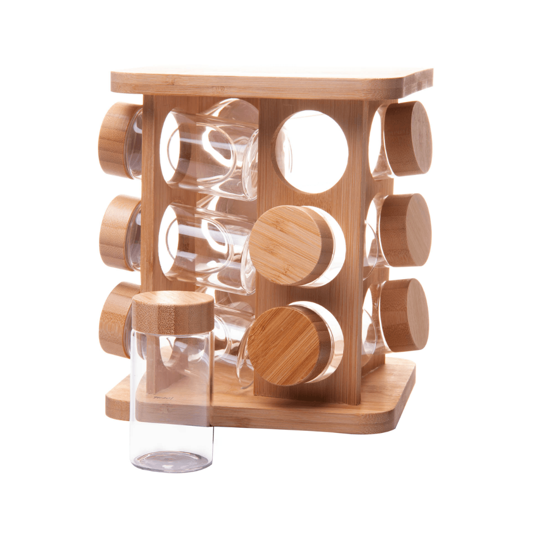 Jogo 12 Potes Herméticos de Vidro 120ml com Suporte Giratório em Bambu