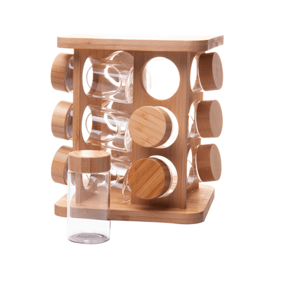 Jogo 12 Potes Herméticos de Vidro 120ml com Suporte Giratório em Bambu