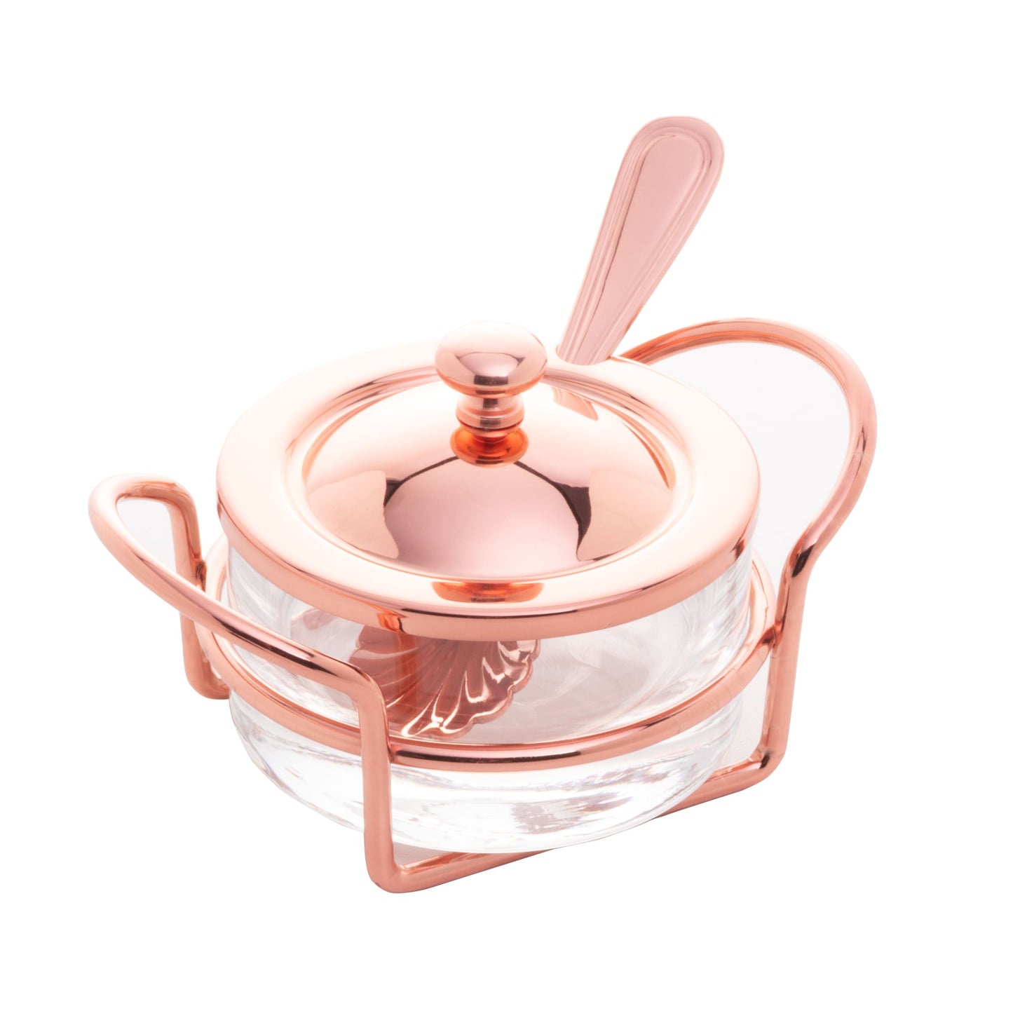 Açucareiro de Vidro Com Colher Tampa e Suporte Rose Gold Luxo