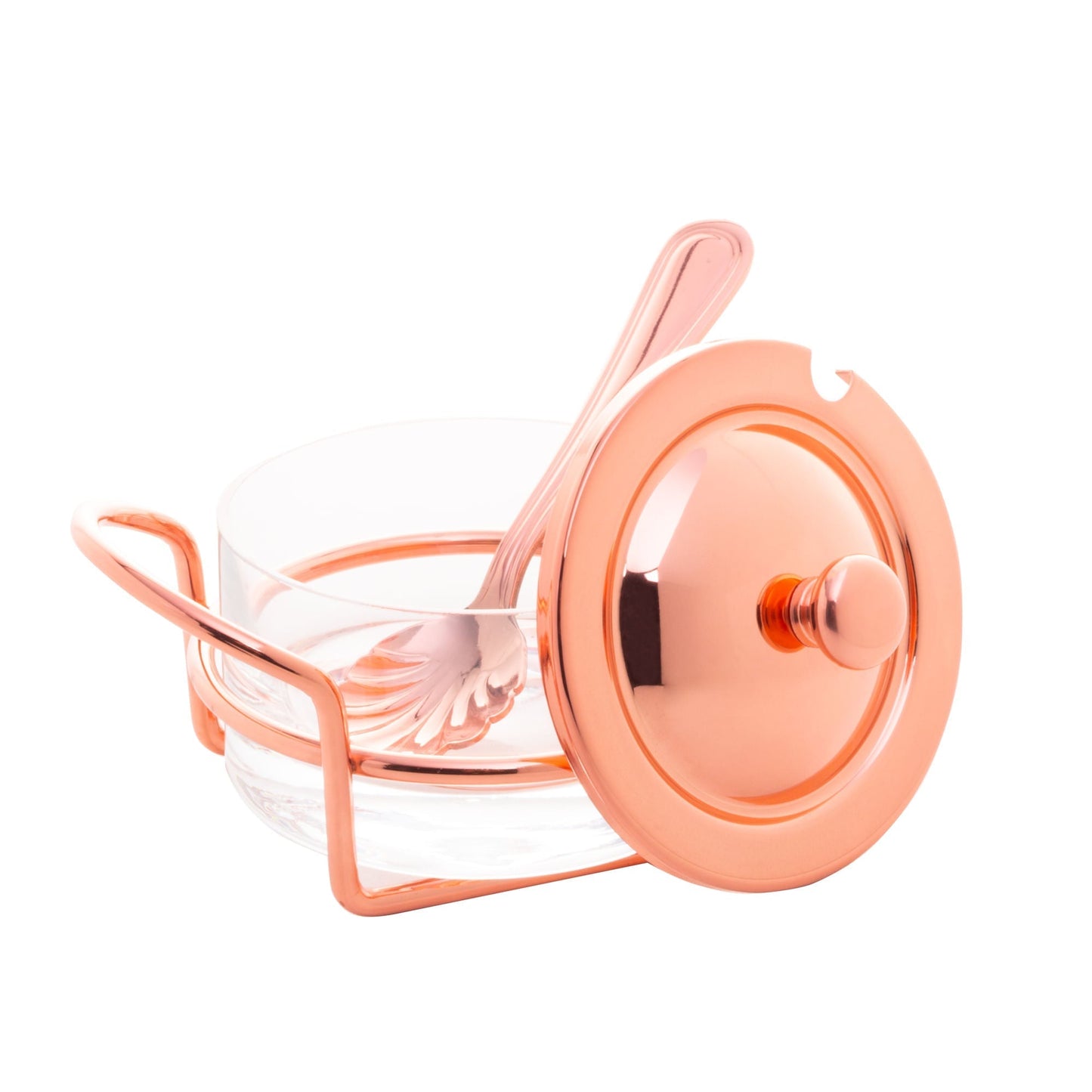 Açucareiro de Vidro Com Colher Tampa e Suporte Rose Gold Luxo