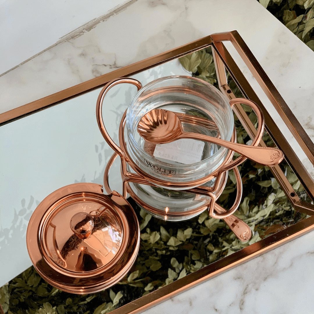 Açucareiro de Vidro Com Colher Tampa e Suporte Rose Gold Luxo