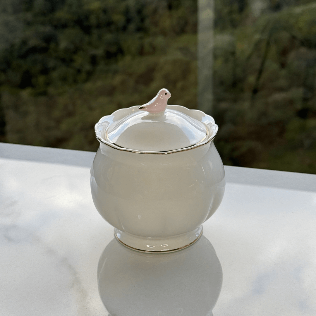 Açucareiro em Porcelana Luxo Birds Rosa Branco 300ml