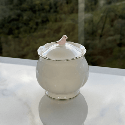 Açucareiro em Porcelana Luxo Birds Rosa Branco 300ml