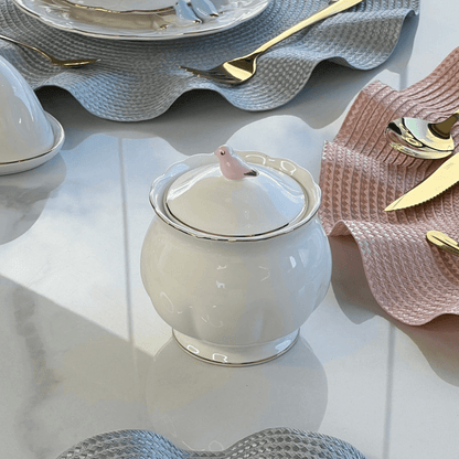 Açucareiro em Porcelana Luxo Birds Rosa Branco 300ml