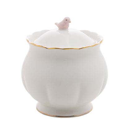 Açucareiro em Porcelana Luxo Birds Rosa Branco 300ml