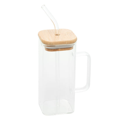 Caneca de Vidro com Canudo e Tampa de Bambu 400ml