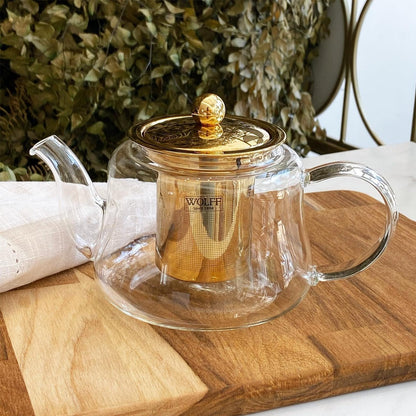 Chaleira de Vidro Borossilicato com Infusor Dourado Inox 600ml