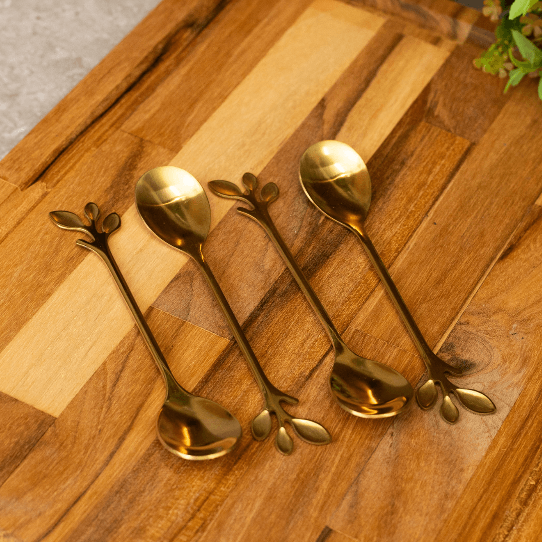 Jogo 4 Colheres Para Chá Aço Inox Leaves Dourado