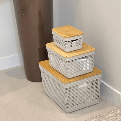 Conjunto 3 Cestos Organizadores Grid Bege com Tampa de Bambu