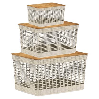 Conjunto 3 Cestos Organizadores Grid Bege com Tampa de Bambu