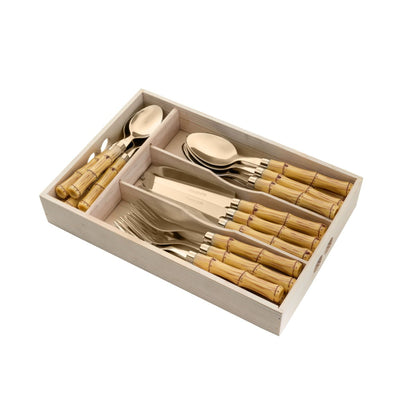 Faqueiro de Aço Inox com Cabo Plástico Bambu Dourado 24 Peças