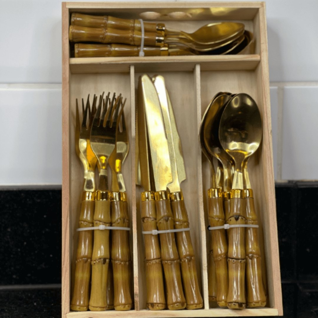 Faqueiro de Aço Inox com Cabo Plástico Bambu Dourado 24 Peças
