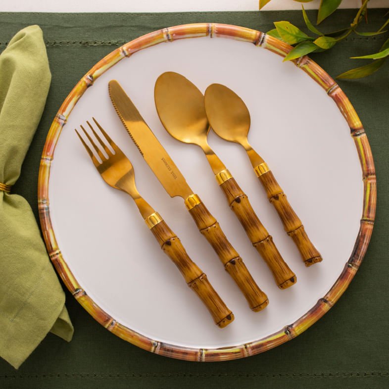 Faqueiro de Aço Inox com Cabo Plástico Bambu Dourado 24 Peças