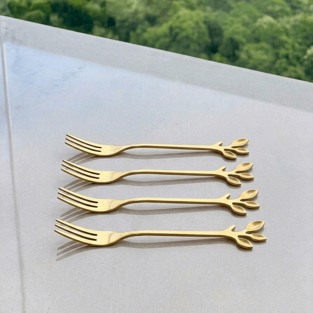 Jogo de Garfos para Aperitivo em Aço Inox Leaves Dourado 4 Peças