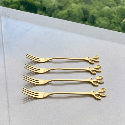 Jogo de Garfos para Aperitivo em Aço Inox Leaves Dourado 4 Peças