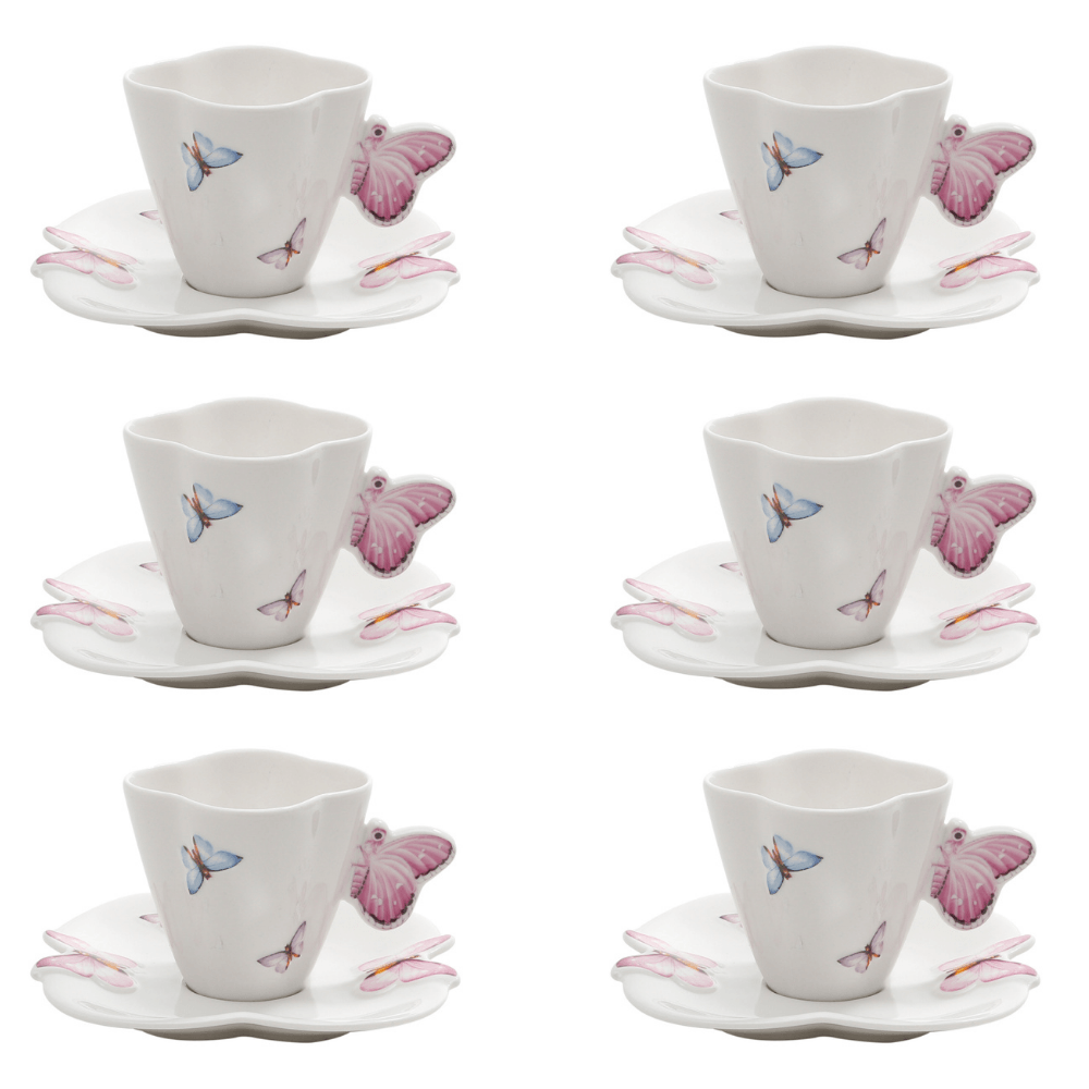 Jogo de 6 Xícaras de Café Porcelana com Pires Borboletas - 100ml