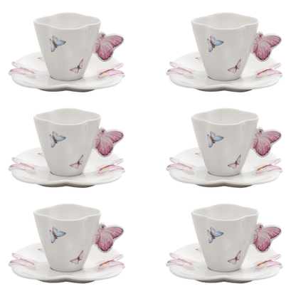 Jogo de 6 Xícaras de Café Porcelana com Pires Borboletas - 100ml