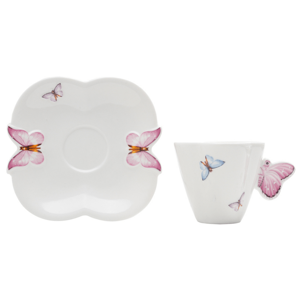 Jogo de 6 Xícaras de Café Porcelana com Pires Borboletas - 100ml