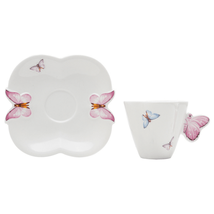 Jogo de 6 Xícaras de Café Porcelana com Pires Borboletas - 100ml