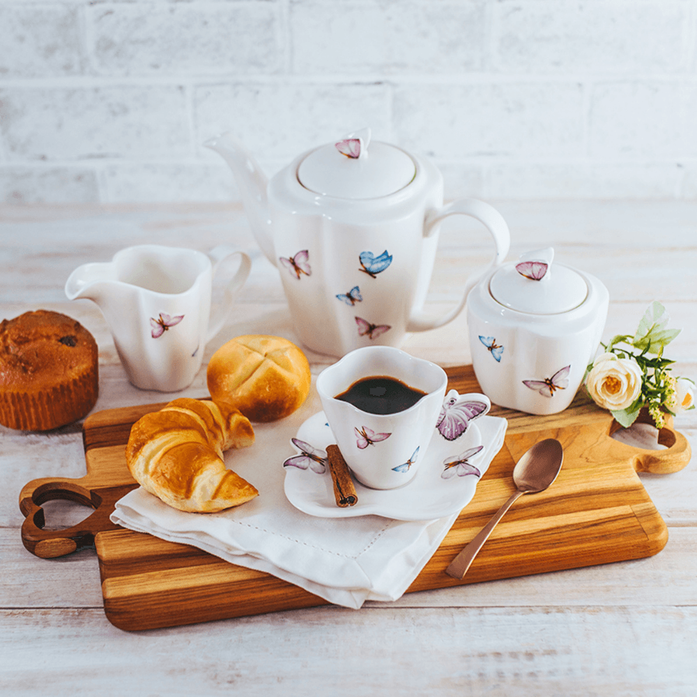 Jogo de 6 Xícaras de Café Porcelana com Pires Borboletas - 100ml