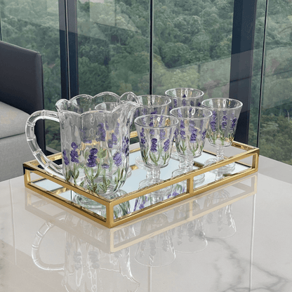 Jogo 1 Jarra com 6 Taças Cristal Lavanda Hand Painting