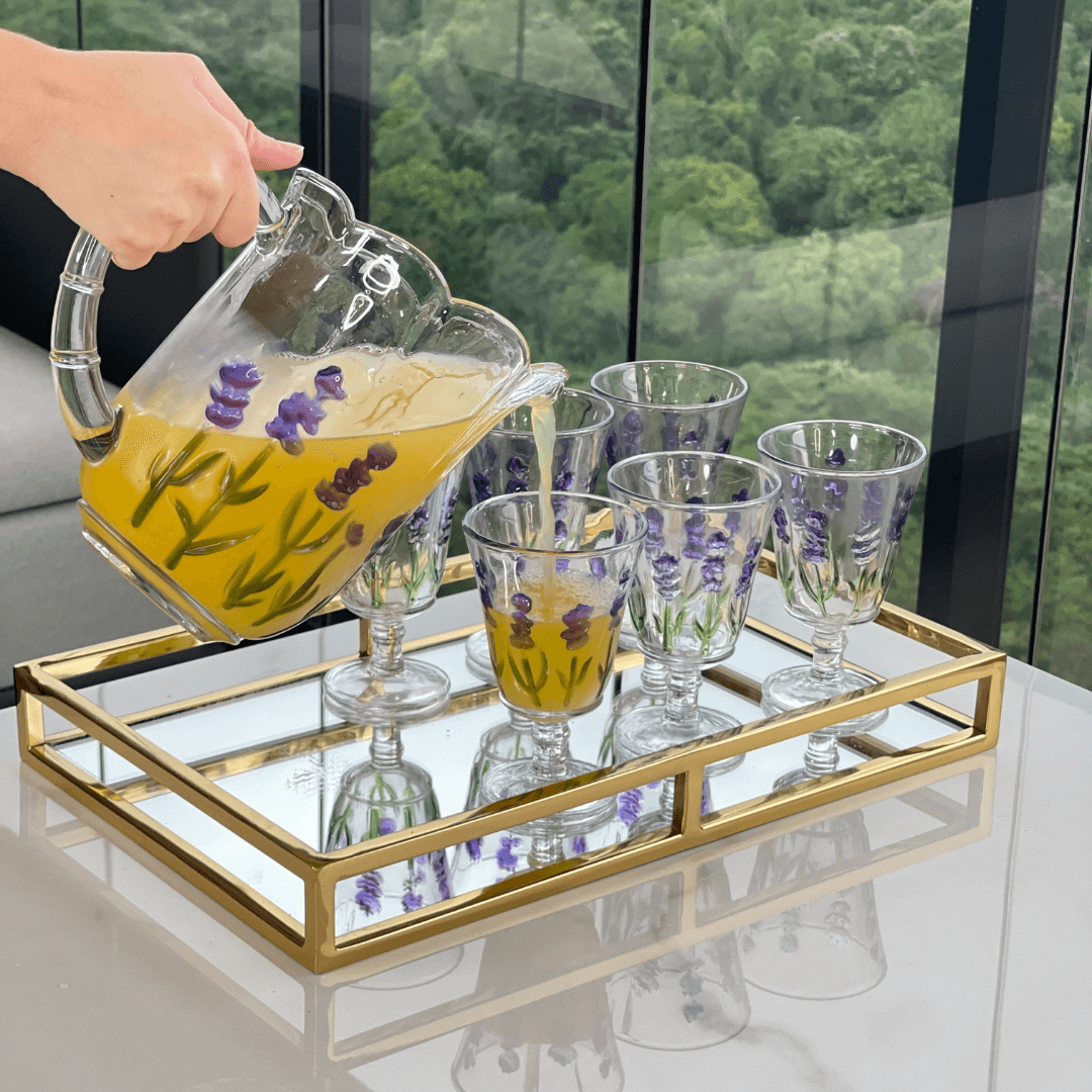 Jogo 1 Jarra com 6 Taças Cristal Lavanda Hand Painting