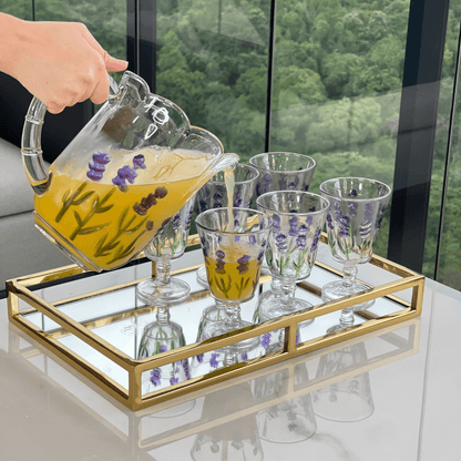 Jogo 1 Jarra com 6 Taças Cristal Lavanda Hand Painting