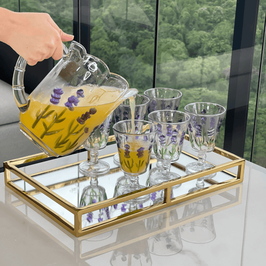 Jogo 1 Jarra com 6 Taças Cristal Lavanda Hand Painting