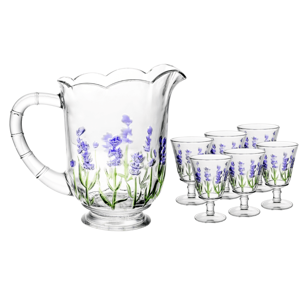 Jogo 1 Jarra com 6 Taças Cristal Lavanda Hand Painting