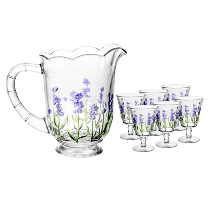 Jogo 1 Jarra com 6 Taças Cristal Lavanda Hand Painting