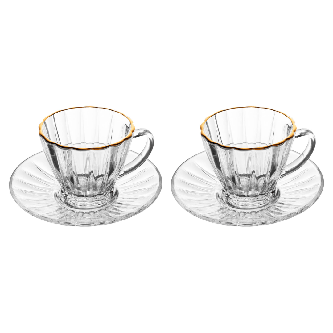 Jogo 2 Xícaras de Chá com Pires Radial em Cristal Fio de Ouro 180ml