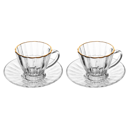 Jogo 2 Xícaras de Chá com Pires Radial em Cristal Fio de Ouro 180ml
