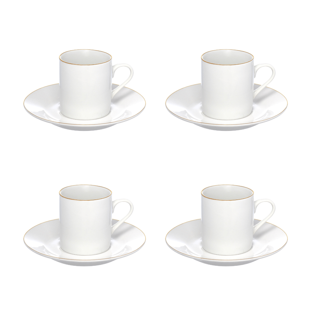 Jogo 4 Xícaras de Café Porcelana Royal Branco e Borda Dourada 90ml 4 Peças