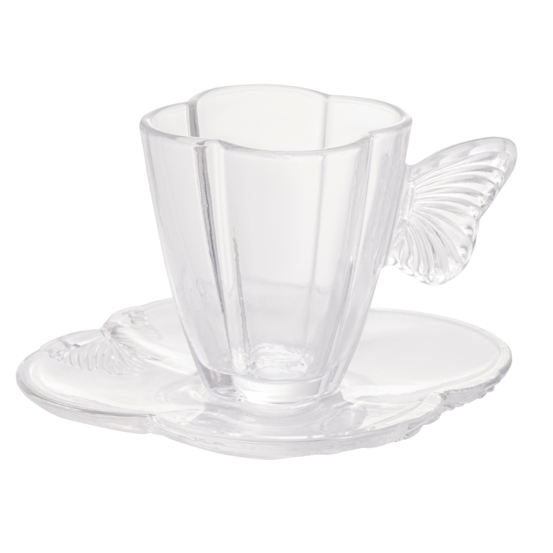 Jogo 4 Xícaras de Chá com Pires em Vidro Butterfly 180ml