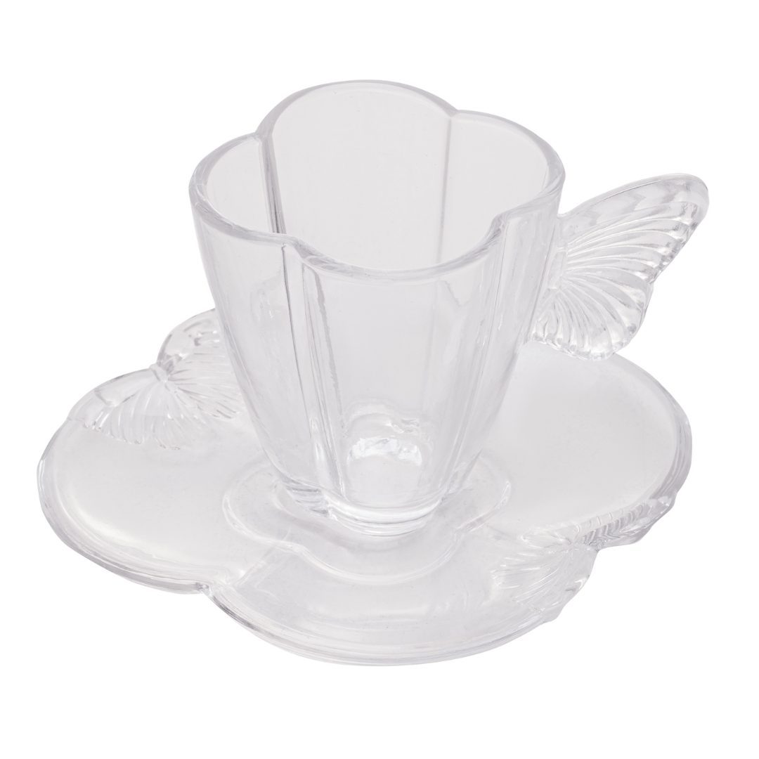 Jogo 4 Xícaras de Chá com Pires em Vidro Butterfly 180ml