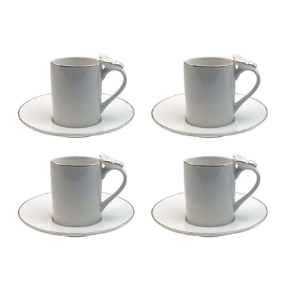 Jogo 4 Xícaras para Café com Pires Rammoudie Borboleta New Bone Borda Dourada 100ml